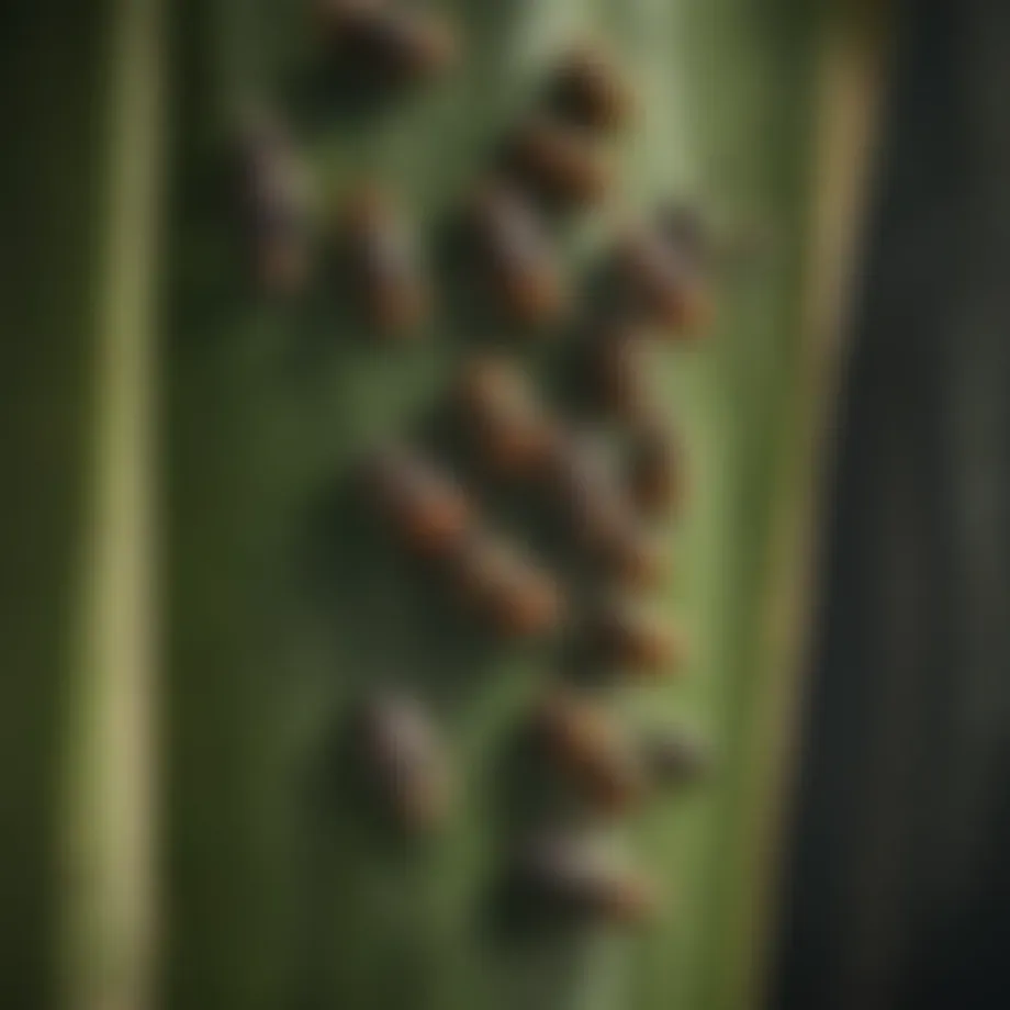 Close-up view of palm pests infesting a palm leaf.