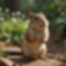 Close-up of a chipmunk in a garden setting