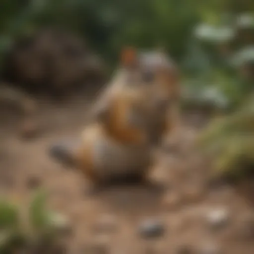 A chipmunk foraging for food in a natural setting