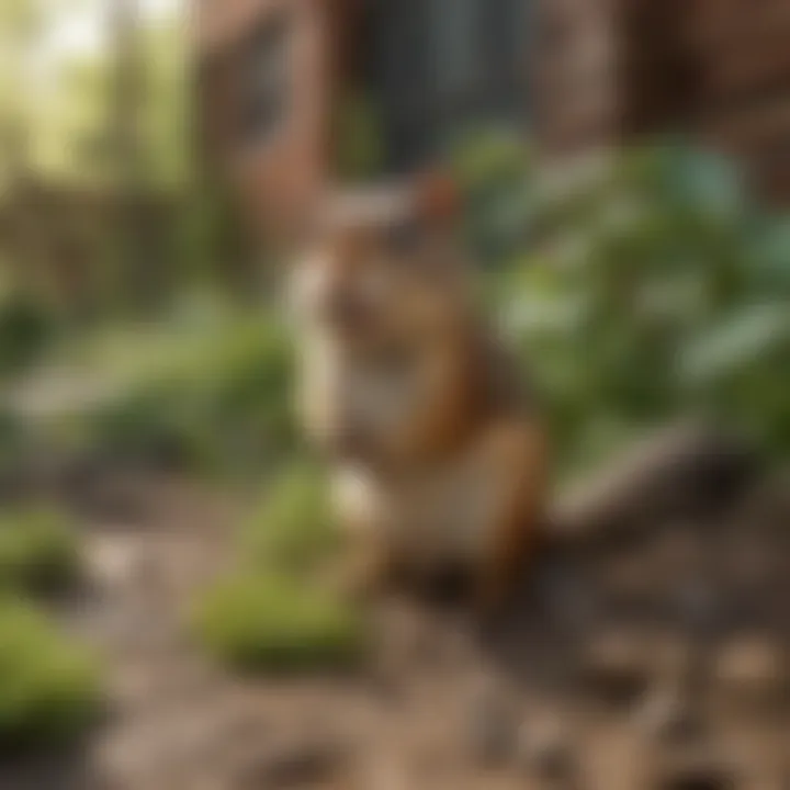A serene urban garden invaded by chipmunks