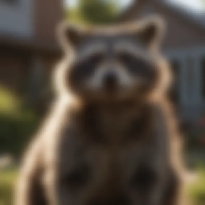 Raccoon exploring a backyard