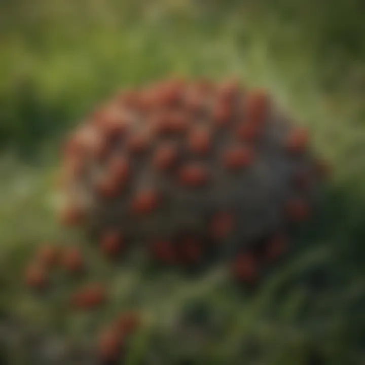 Nest of red wasps constructed in grass