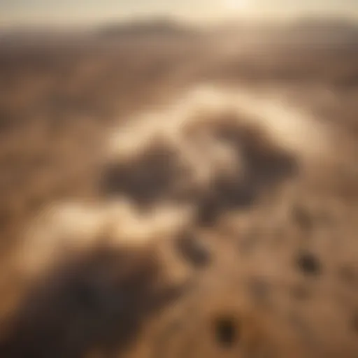 Aerial view of a dusty landscape illustrating atmospheric dust concentration.