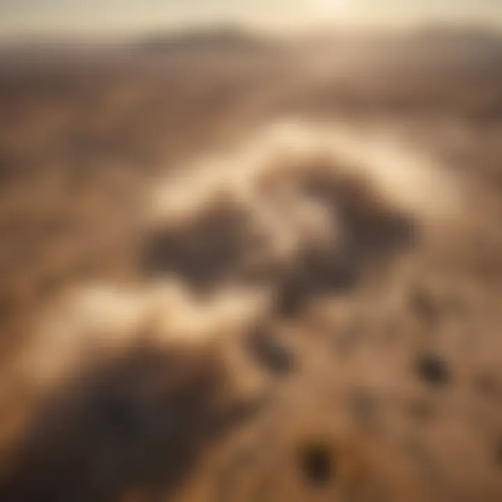 Aerial view of a dusty landscape illustrating atmospheric dust concentration.