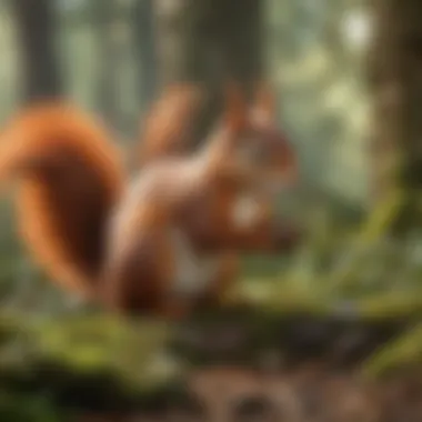 Illustration of biodiversity affected by red squirrels, depicting various species cohabiting or competing.