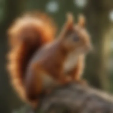 A red squirrel perched on a tree branch, showcasing its vibrant fur and distinctive features.