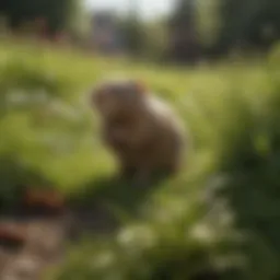 Voles foraging in a lush lawn