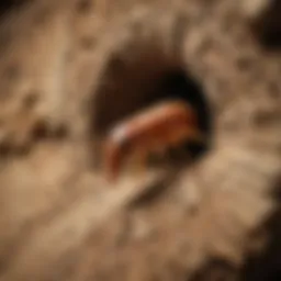 Close-up of a termite tunneling through wood