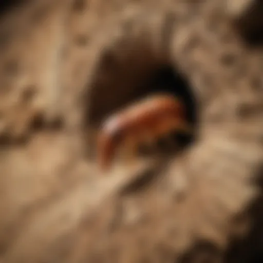 Close-up of a termite tunneling through wood