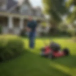 Meticulously groomed lawn with pest control technician inspecting