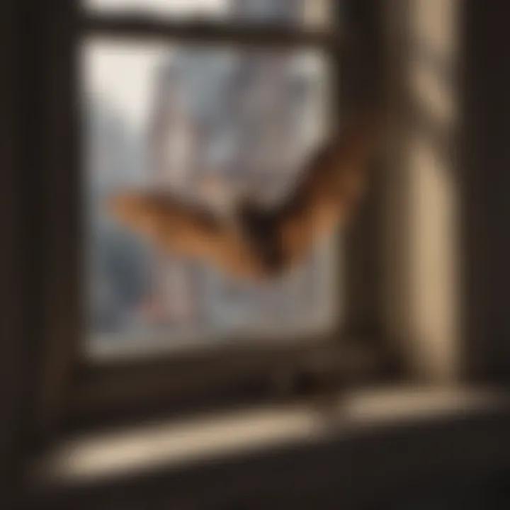 A calm indoor scene with a bat resting on a window sill.