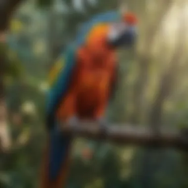 Vibrant Macaw in Tropical Forest Colorful macaw perched on a tree branch